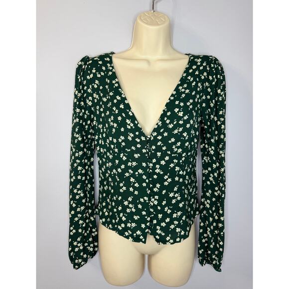 Reformation Nell Top V Neck Annette print Green Floral Long Sleeve Sz M - Picture 4 of 14